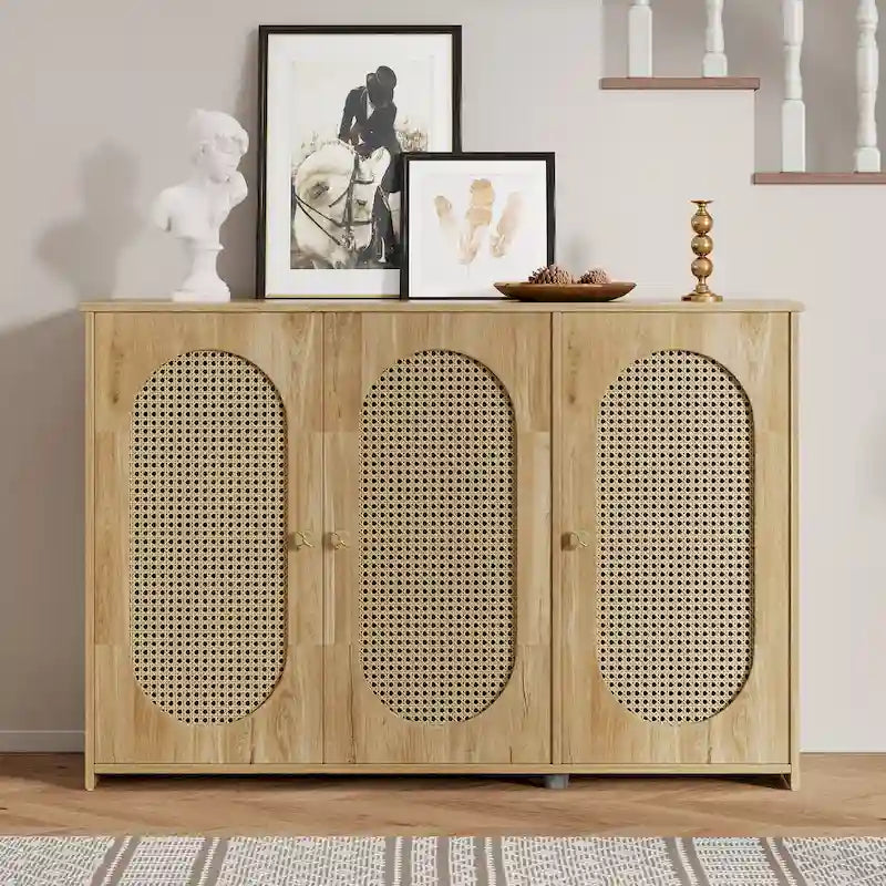 Aparador de Sala 3 Portas de Rattan com Prateleiras Ajustáveis Puxadores Metálicos