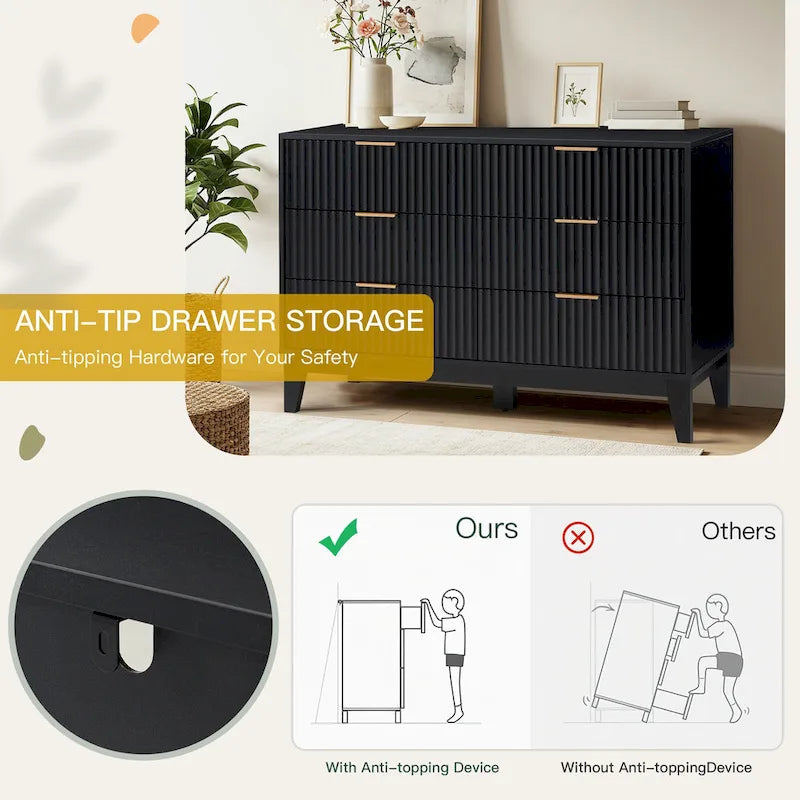Cómoda Fluted 6 Gavetas Moderna de Meados do Século Cómoda Larga com Puxadores Metálicos para Quarto Sala de Estar