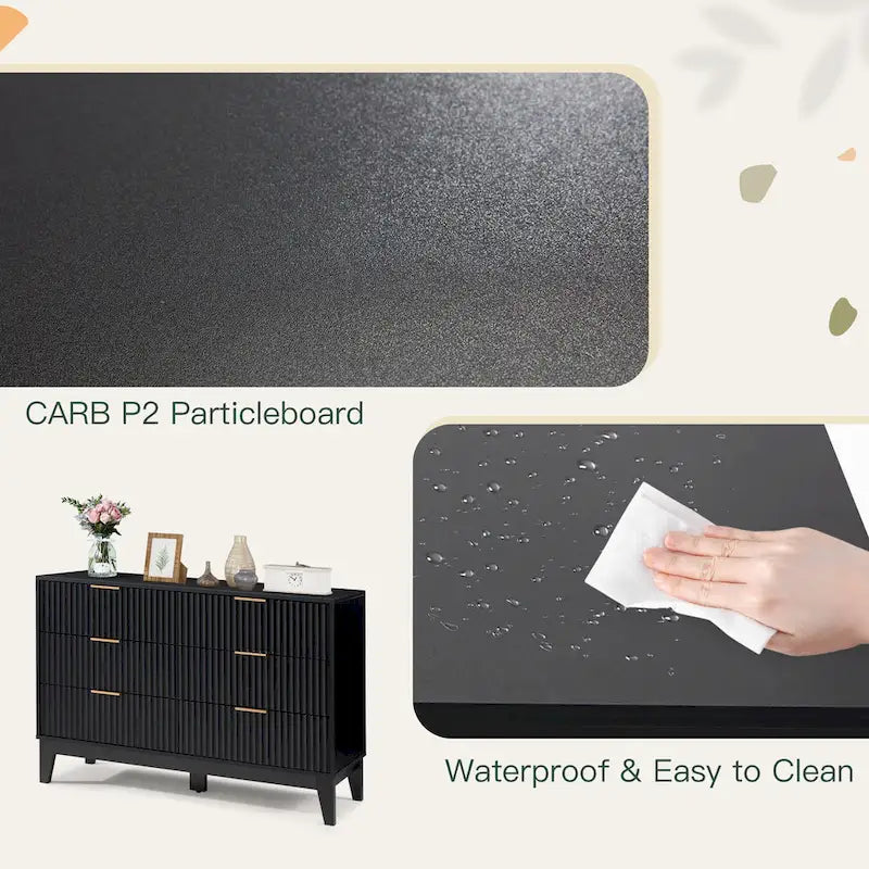 Cómoda Fluted 6 Gavetas Moderna de Meados do Século Cómoda Larga com Puxadores Metálicos para Quarto Sala de Estar