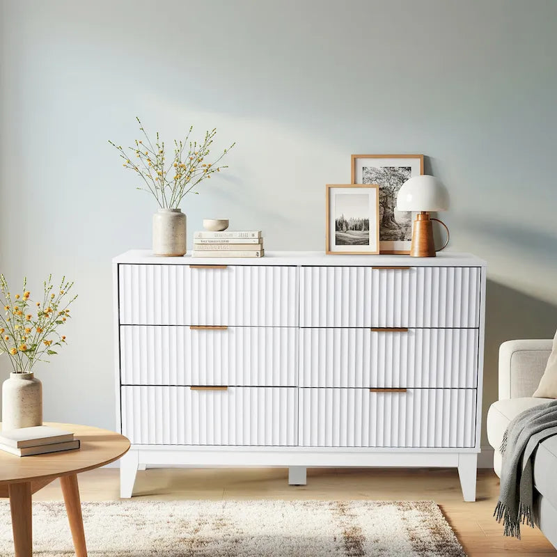 Cómoda Fluted 6 Gavetas Moderna de Meados do Século Cómoda Larga com Puxadores Metálicos para Quarto Sala de Estar