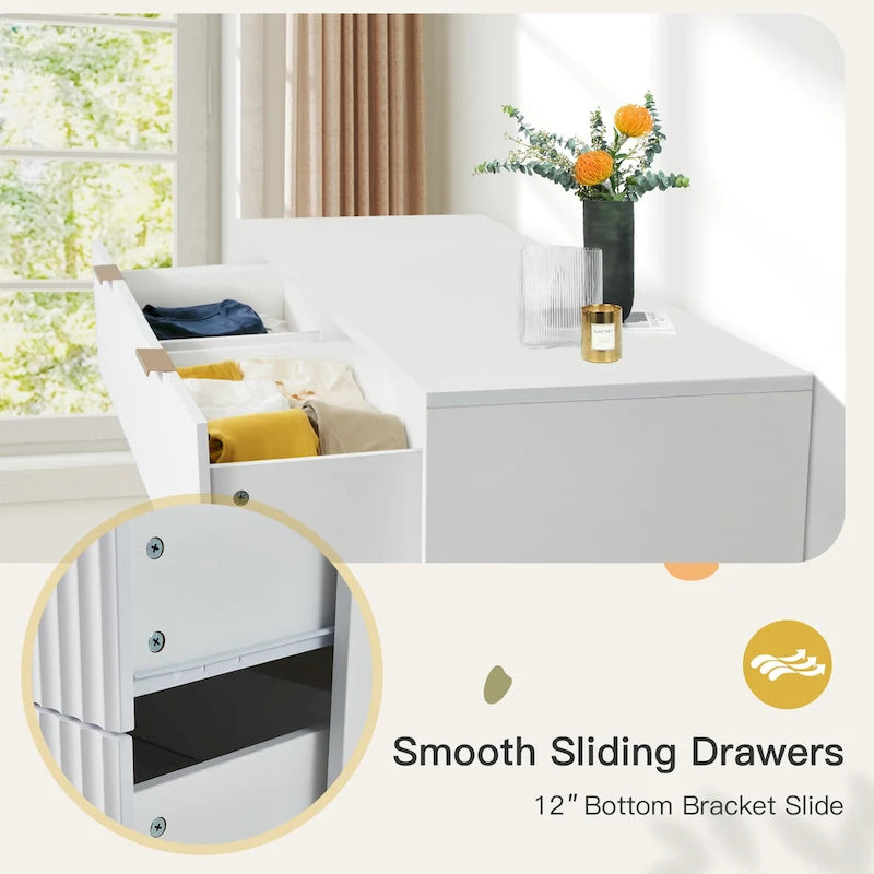 Cómoda Fluted 6 Gavetas Moderna de Meados do Século Cómoda Larga com Puxadores Metálicos para Quarto Sala de Estar