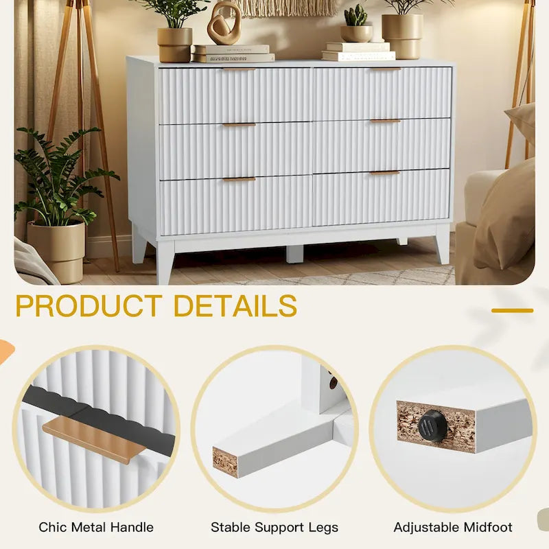 Cómoda Fluted 6 Gavetas Moderna de Meados do Século Cómoda Larga com Puxadores Metálicos para Quarto Sala de Estar