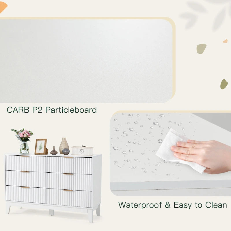 Cómoda Fluted 6 Gavetas Moderna de Meados do Século Cómoda Larga com Puxadores Metálicos para Quarto Sala de Estar