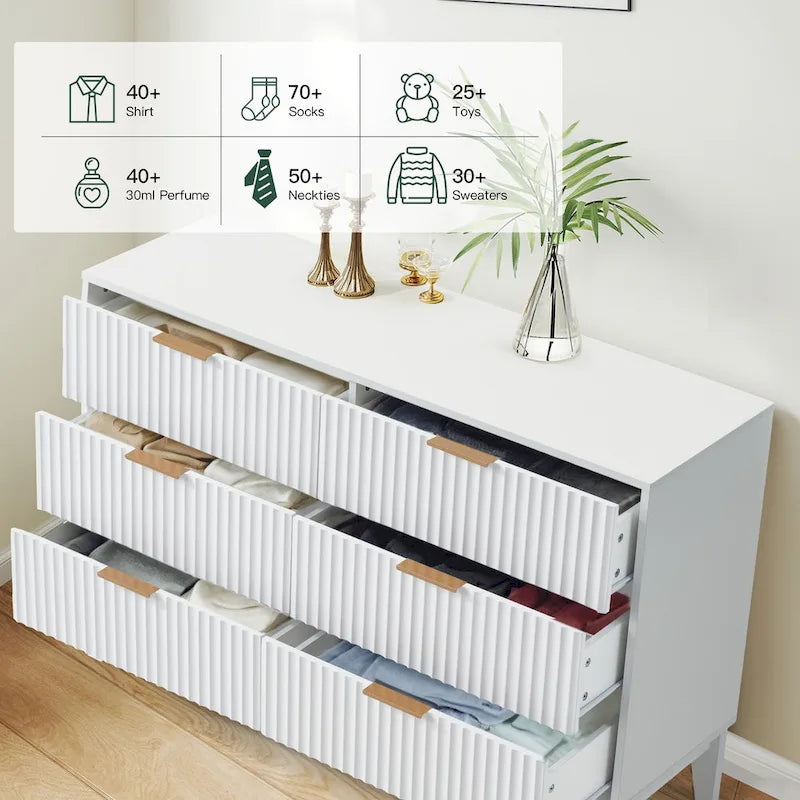 Cómoda Fluted 6 Gavetas Moderna de Meados do Século Cómoda Larga com Puxadores Metálicos para Quarto Sala de Estar
