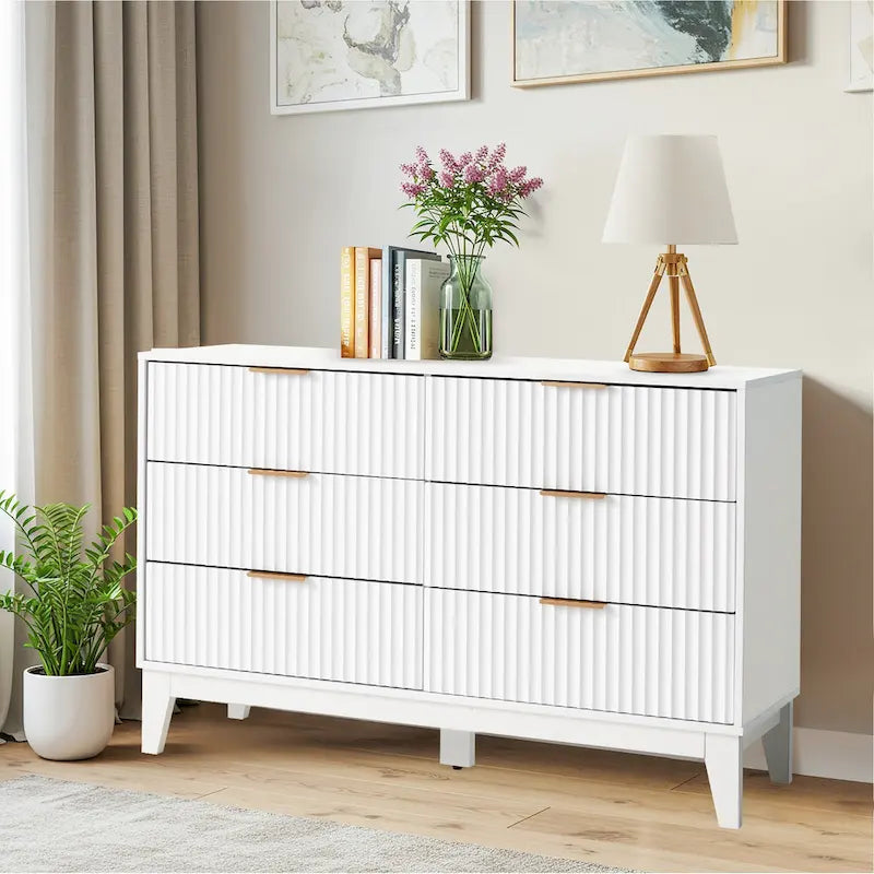 Cómoda Fluted 6 Gavetas Moderna de Meados do Século Cómoda Larga com Puxadores Metálicos para Quarto Sala de Estar