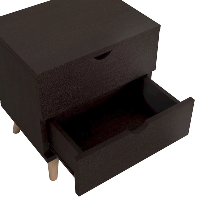 Mesa de Cabeceira Mid-Century Moderna Cappuccino com 2 Gavetas e Pernas Cónicas