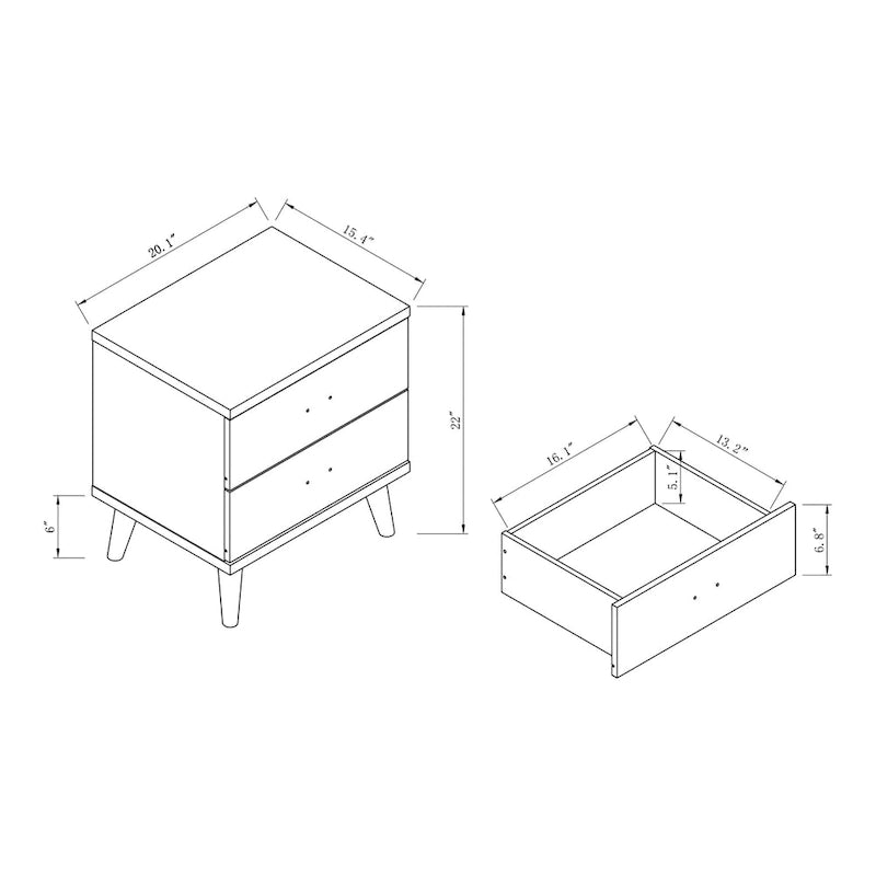 Mesa de Cabeceira Mid-Century Moderna Cappuccino com 2 Gavetas e Pernas Cónicas