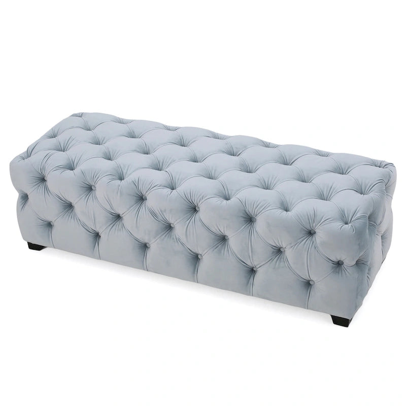 Banco Otomano Acolchoado em Veludo com Pernas em Bétula e Costura de Diamante com Botões