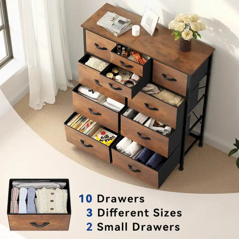 Cómoda de Quarto Rústica com 8 Gavetas em Grão de Madeira e Tampo com Estrutura de Metal