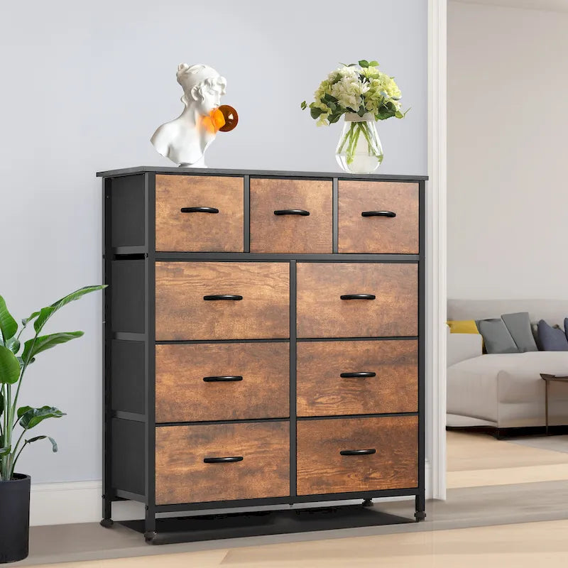 Cómoda de Quarto Rústica com 8 Gavetas em Grão de Madeira e Tampo com Estrutura de Metal