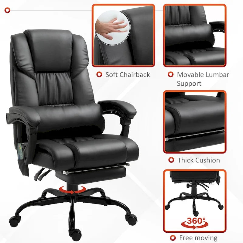 Cadeira Reclinável de Escritório com Altura Ajustável e Suporte Lombar com Massagem Vibratória de 6 Pontos