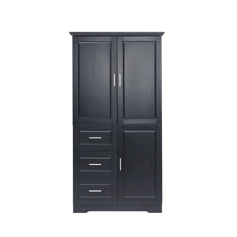 Armário de Arrumação Alto e Largo com Portas para Casa de Banho/Escritório Três Gavetas Cinzento/Branco/Preto