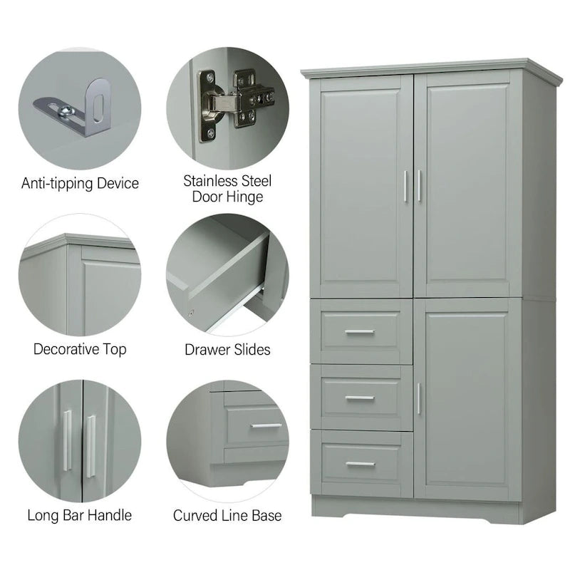 Armário de Arrumação Alto e Largo com Portas para Casa de Banho/Escritório Três Gavetas Cinzento/Branco/Preto