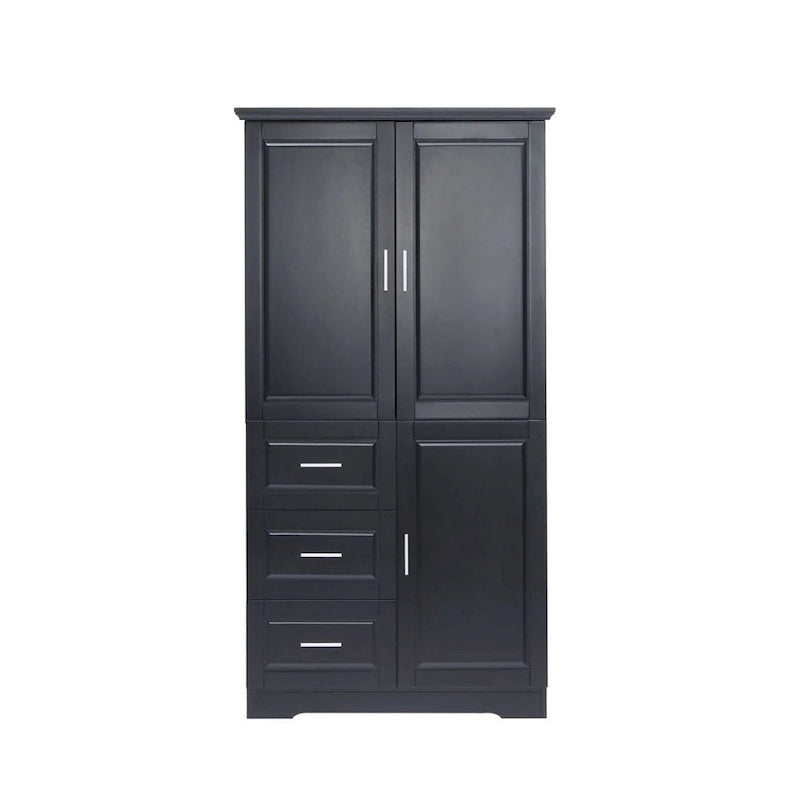 Armário de Arrumação Alto e Largo com Portas para Casa de Banho/Escritório Três Gavetas Cinzento/Branco/Preto