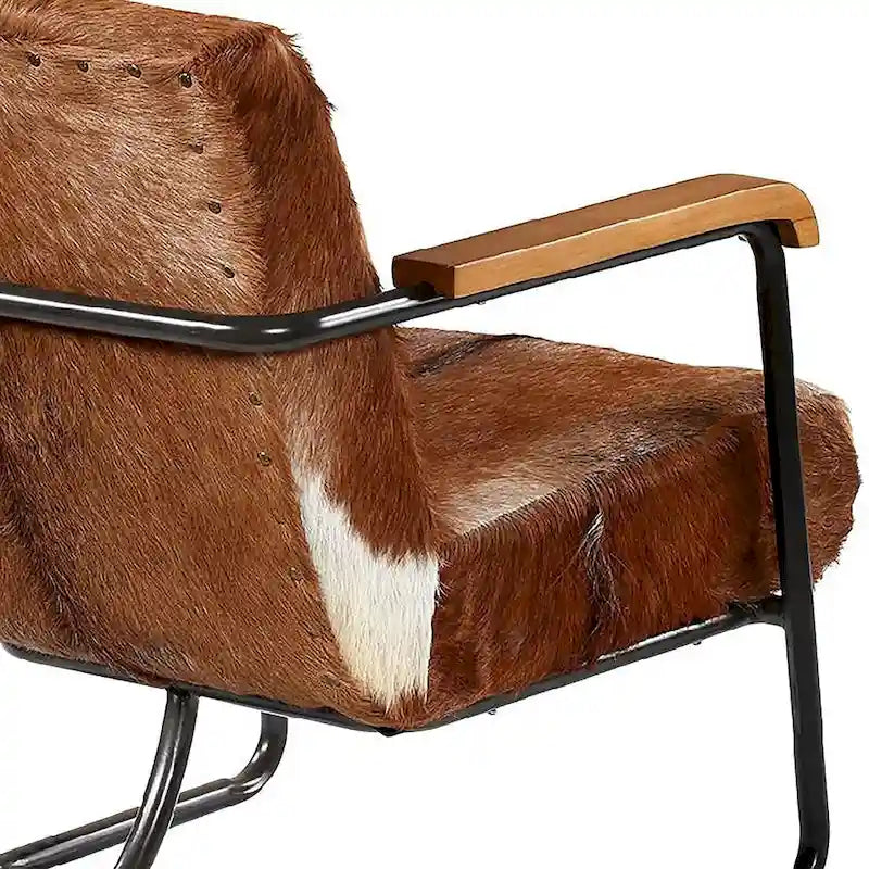 Cadeira de Apoio Ocasional Estofada em Couro Genuíno de Pelo de Vaca Castanho e Branco