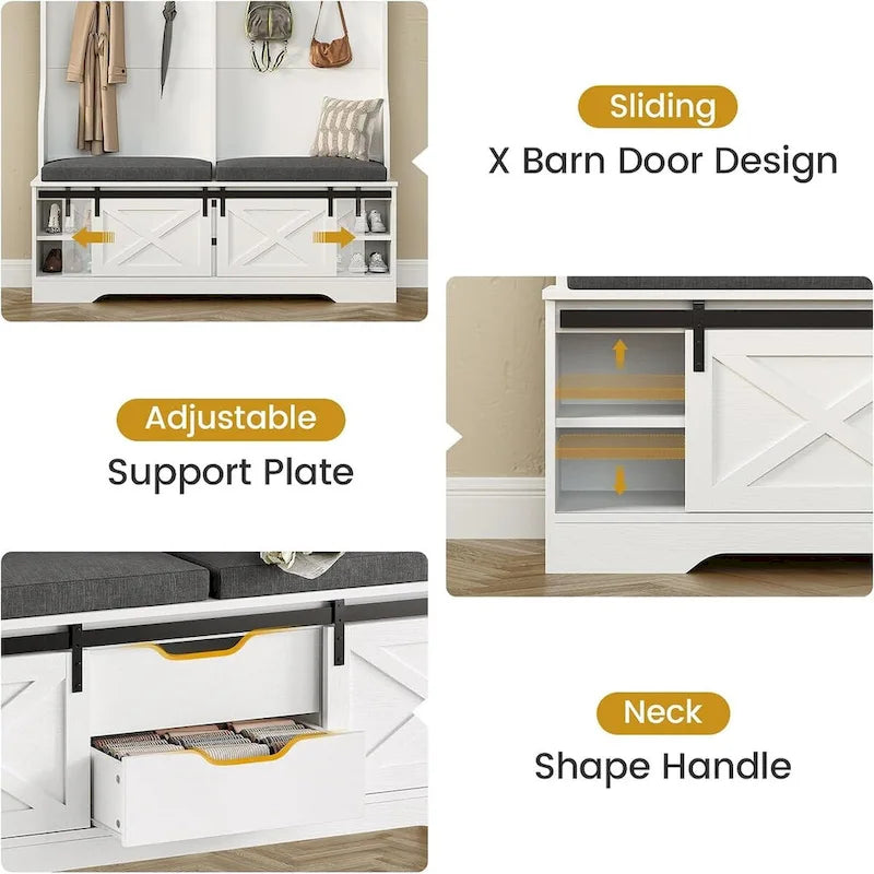 Árvore de entrada 3-em-1 com Banco, Armário de Sapatos e Bengaleiro com Porta de Celeiro