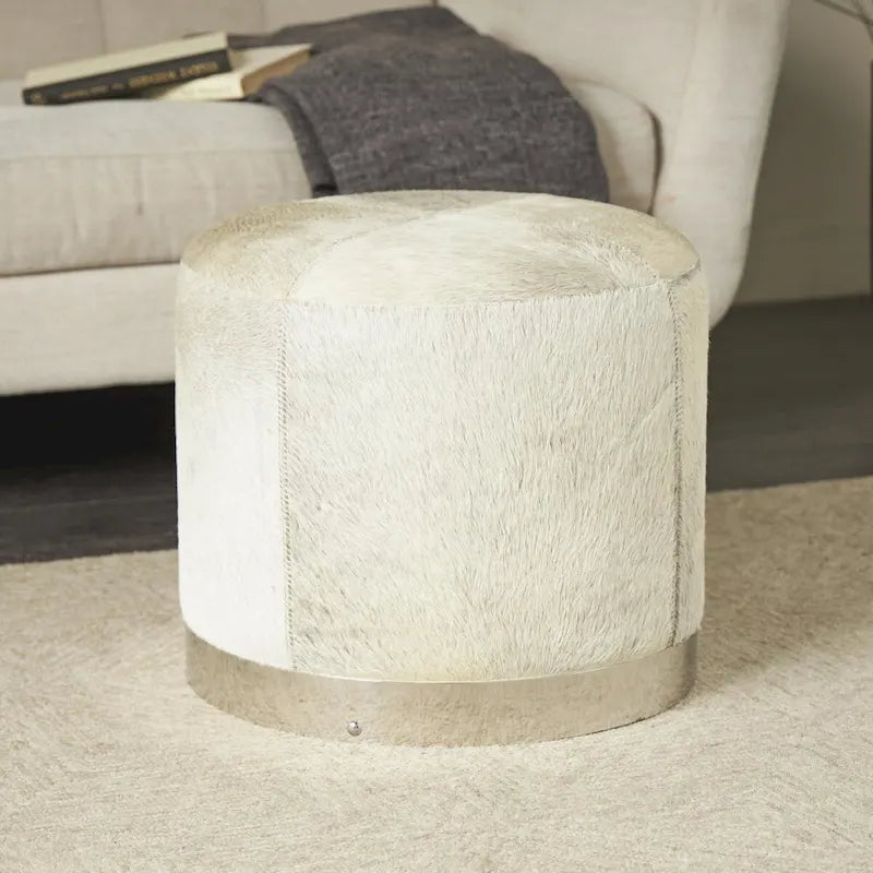 Banquinho de Sala de Estar em Pele Patchwork com Base de Metal Prateada - Cinzento